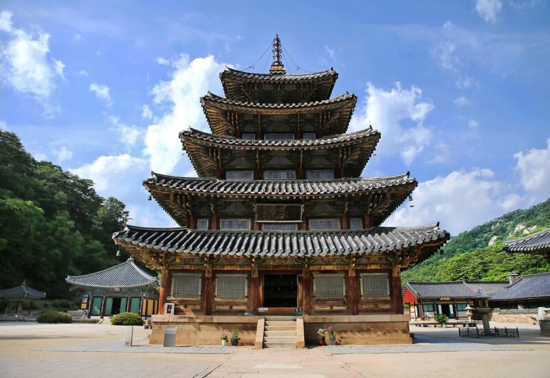 Traditional wooden temple buildings at Beomeosa Temple, Busan, South Korea
