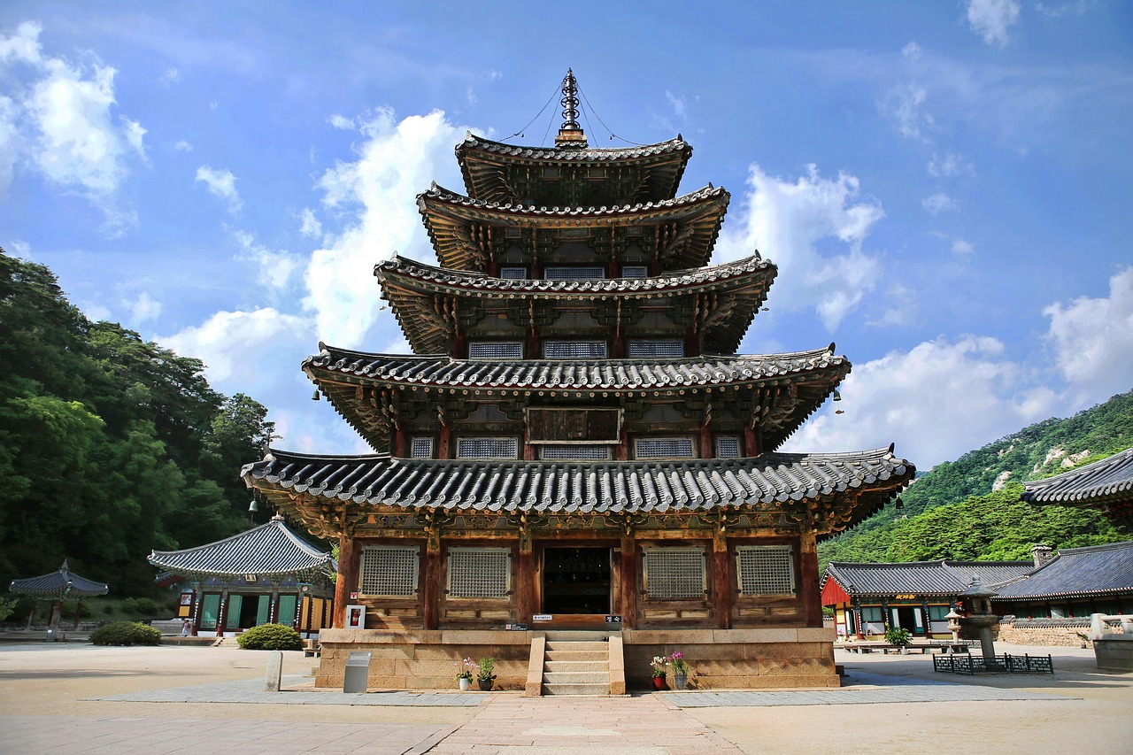 Traditional wooden temple buildings at Beomeosa Temple, Busan, South Korea