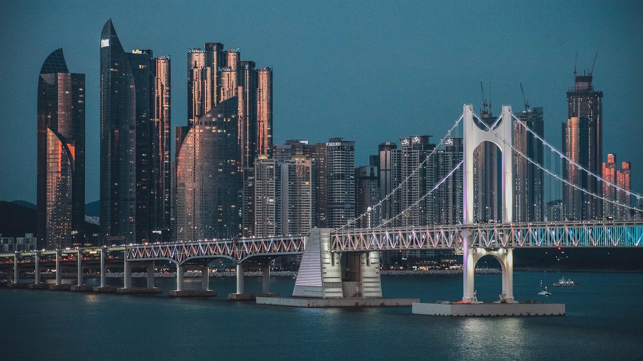 Gwangan Bridge lit up at night in Busan