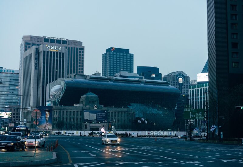 The cantilevered Big Roof of Busan Cinema Center (Dureraum) in Centum City during the Busan International Film Festival