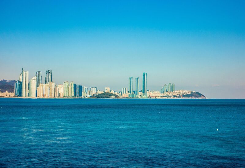 Busan night skyline with fireworks over the city