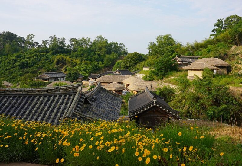 Entrance gate and stone stairs of Bulguksa Temple under blue sky in Gyeongju, South Korea